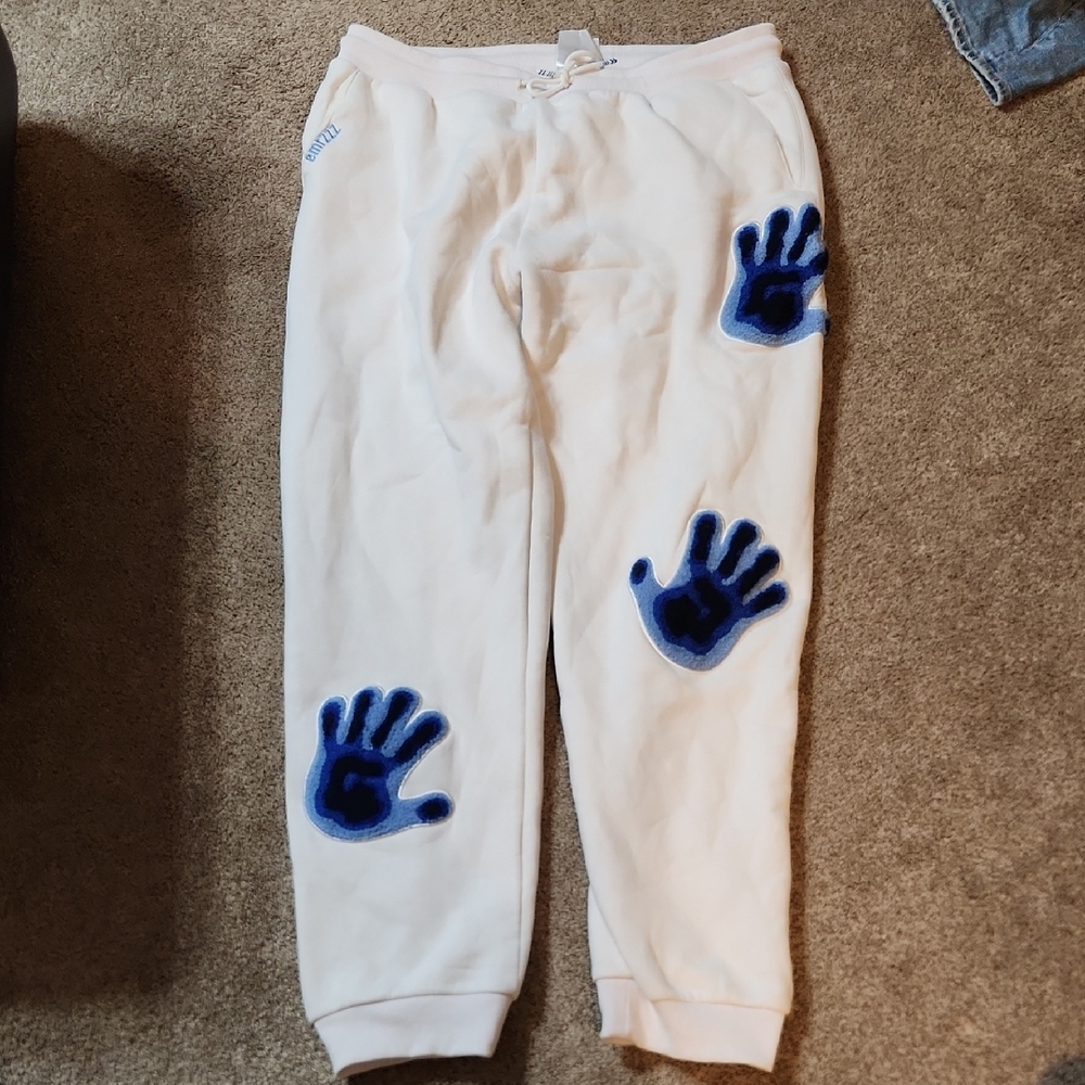 Emrzzz Blue Handprint White Sweatpants